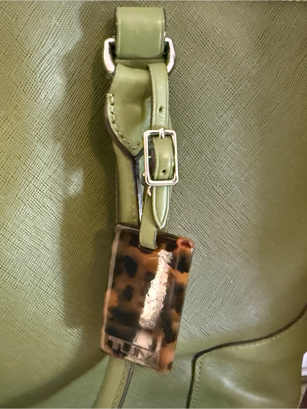 Tumi Green Tote with Tortoiseshell Tag, lots of pockets and laptop holder